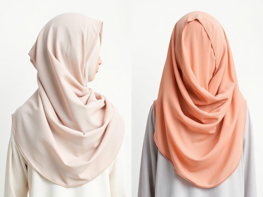Side-by-side comparison showing cotton hijab with structured drape versus chiffon hijab with flowing, elegant drape